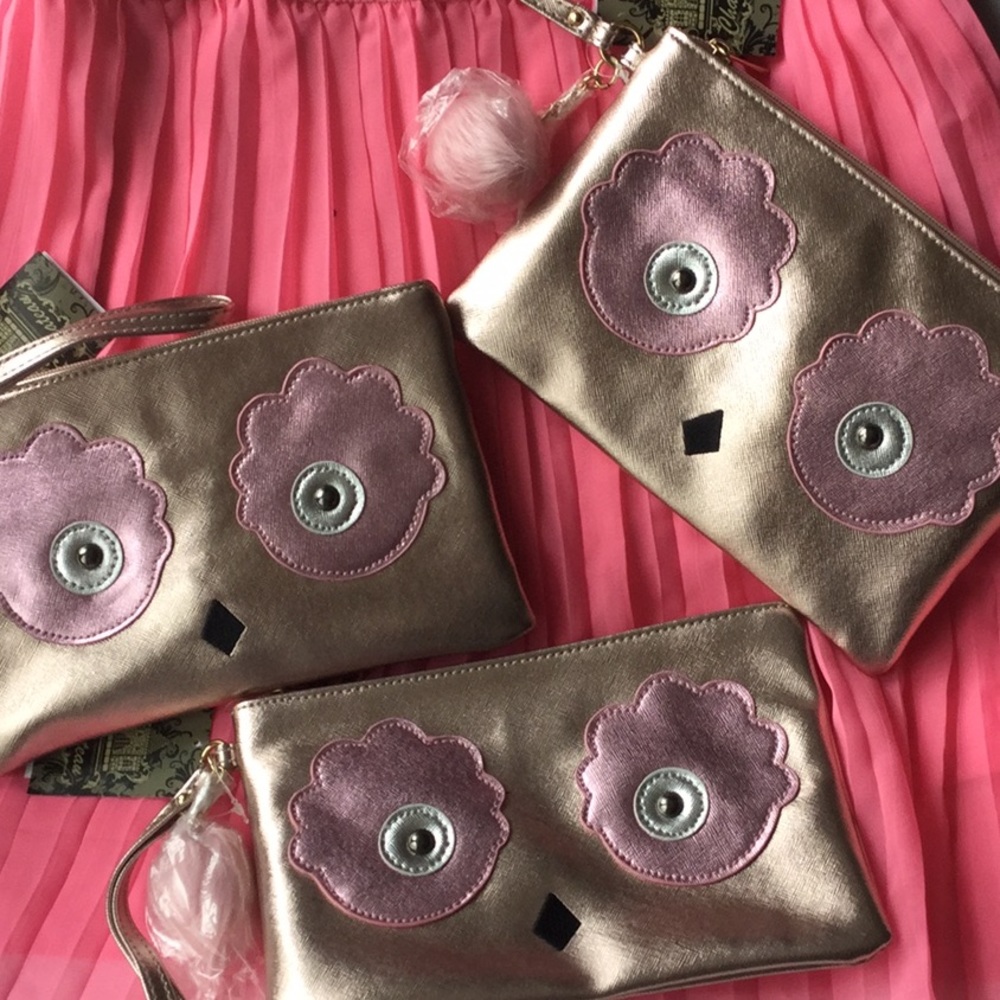 NEW Metallic Rose Gold Pink Owl Wristlet Bag w/ Pom Pom